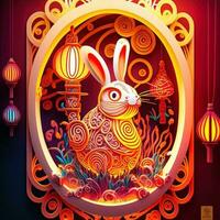 Paper cut quilling multidimensional chinese style cute zodiac rabbit with lanterns, blossom peach flower in background, chinese new year. Lunar new year 2023 concept photo