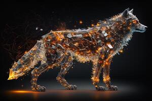 fusion of metal wolf exploding through fire surrounded by scattered glass shards and debris, cosmic energy photo