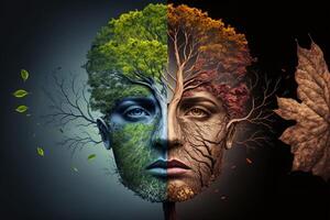 illustration of the four temporal seasons in one face, one frame, one tree. Nature concept. Digitally generated image photo