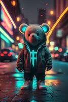 toy cute Bear in clothes jacket and sneakers on street background with neon lighting, photo