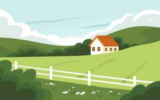 rural paisaje con casa en el verano. plano vector ilustración.