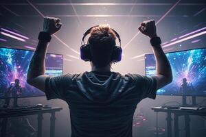 Professional eSports gamer rejoices in the victory in red blue illuminated game room. Gamer celebrating victory. Winning an eSports game. . Electronic sports player rejoices victory photo