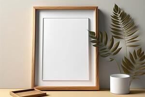 Blank picture frame mockup on wall in modern interior. Artwork template mock up in interior design. Wooden Picture Frame Mockup on White Wall Minimalist - photo