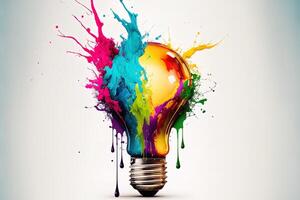 illustration of colorful bulb with splash of colors on white background. Creativity, eureka, imagination, inspiration. . Idea and solution concept photo