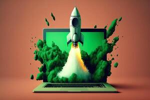 Rocket coming out of laptop screen, green background. AI digital illustration concept of ideas and start up. photo