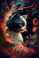 abstract design chinese new year cute cats with spring colors, surreal fantasy, peach flower. Happy new year concept 2023. Year of Cat. Lunar new year photo