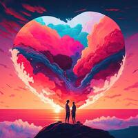 an artwork of a couple standing on a cloud, looking out at a beautiful sunset over the ocean. The couple holding hands in front of cinematic sunset with heart shape cloud. Valentine photo