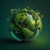 a green mini planet earth, Illustration of planet Earth with a giant tree. Energy saving, ecology and environment sustainable resources conservation concept. photo