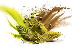 powder flavored explosion white background with kratom leafs mockup for matcha tea. photo