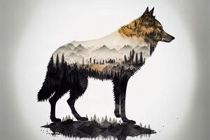 Double exposure of a wolf and jungle on white background. Camping concept. Vintage Grizzly for t-shirt design, sticker, poster, and wallpaper. photo