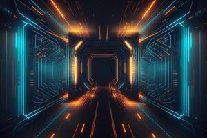 Abstract neon lights into digital technology tunnel. Futuristic technology abstract background with lines for network, big data, data center, server, internet, speed. technology photo