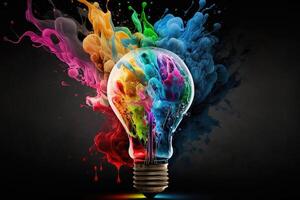 illustration of colorful bulb with splash of colors on black background. Creativity, eureka, imagination, inspiration. . Idea and solution concept photo