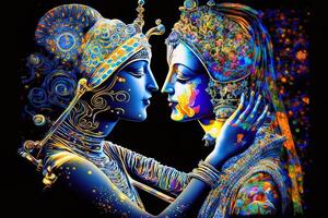 radha Krishna en amor medio Disparo fotografía retrato de cósmico galáctico generativo ai. símbolo de divino amor. Arte impresión para hogar decoración hindú Pareja en resumen decorativo antecedentes foto