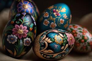 de cerca de pintado huevos con floral patrones, Pascua de Resurrección huevos para Pascua de Resurrección celebracion, generativo ai. primavera concepto Pascua de Resurrección huevos iridiscente color, lustroso y nacarado. foto