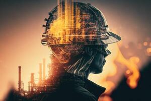 Conceptual graphic design of an energy sector and future manufacturing. With double exposure artwork, an oil, gas, and petrochemical refinery facility demonstrates the future of power. photo