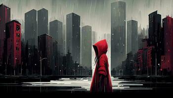 Tale of modern little red riding hood in a city with buildings in rainy weather. Generate Ai photo