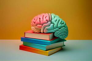 humano cerebro con libros, yo cuidado y mental salud concepto, positivo actitud, creativo mente. generar ai foto