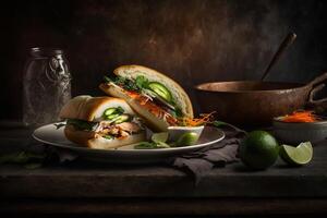 generativo ai ilustración de profesional comida fotografias de lujo banh mi, vietnamita pan, enfatizando el comida intrincado detalles y Fresco ingredientes foto