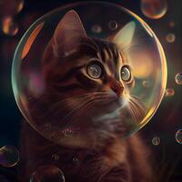 Portrait of a cat in a transparent bubble. The cat looks at the camera., Image photo