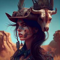 Portrait of a beautiful steampunk warrior woman with big horns., Image photo