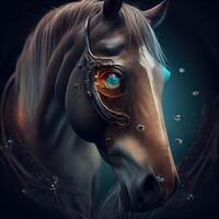 3d representación de un fantasía caballo con un ojo en un oscuro fondo, ai generativo imagen foto