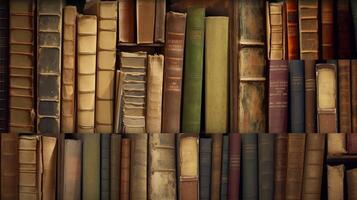 Shelves with old books, folios, textbooks, background. . photo