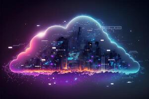 Cloud computing technology above the city concept background, digital illustration, network effect .data transfer cloud computing technology concept. digital smart city at night. photo