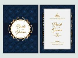 doble lado de islámico Boda invitación tarjeta con Arábica modelo en azul y blanco color. vector