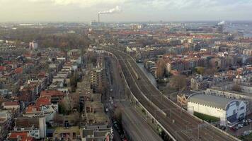Trains Departing from a City in the Evening Aerial View video