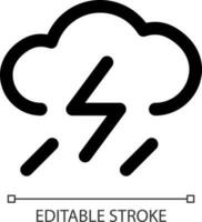 Rain and lightning white linear ui icon. Weather condition. Thundershower. GUI, UX design. Outline isolated user interface element for app and web. Editable stroke vector