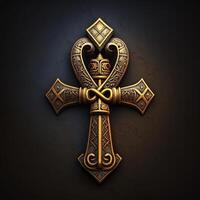 antiguo dorado ankh símbolo aislado en oscuro antecedentes. ilustración de un egipcio cruzar en digital forma. generativo ai el antiguo egipcios usado el ankh como un símbolo para eterno vida. foto