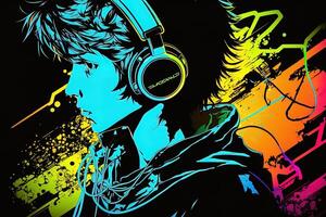 an neon gamer anime fashion boy or man wearing headphones, lost in his music. abstract background that evokes the feeling of different genres of music. banner music concept photo