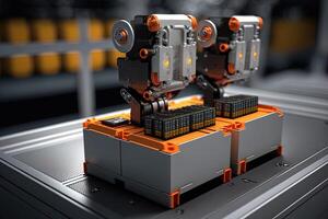 Interior of industry factory, Robot assembly line with electric car battery cells module on platform. photo