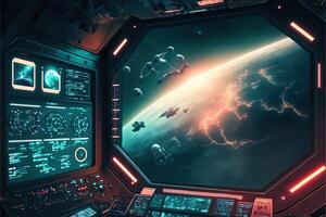 futurista navegación sistema, Arkansas espacio, flotante en el espacio, plano diseño, información gráfico. ciencia ficción espacio exploración concepto. dentro ver de el ciencia ficción cabina de el piloto generativo ai. foto