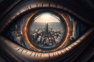 A photograph of a city from above inside the pupil of an eye realistic. Close-up Eye with a modern futuristic city inside it. Look for future. keep moving forward concept. photo