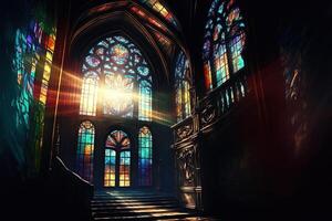 Palace interior with high stained-glass windows made of multicolored glass, an old majestic hall, sun rays through the windows. Dark fantasy interior. photo