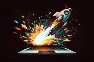 Rocket coming out of laptop screen, black background. AI digital illustration concept of ideas and start up. photo