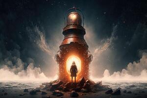 Metal Bronze lighthouse, small hooded figure with lantern at the base, a bright white large glowing ball of electric light at top of light house. technology photo
