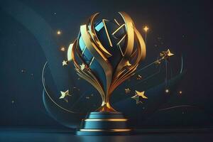 Champion golden trophy with gold stars on blue dark background. Generation AI. Concept of success and achievement. Gold glitters explosion. photo