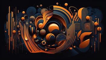 Background banner Music and sound with some technology, orange and dark blue color.Gold music notes and treble clef on line wave of sound tune. illustration template for music festival photo