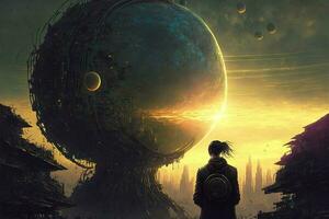 Cyberpunk planet, solar system-punk, the entire universe is collapsing in on itself. Human in the ruined city, destroyed earth, digital painting. Concept apocalypse. Black hole in space photo