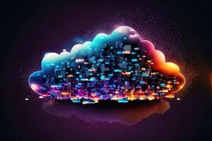 Cloud computing technology above the city concept background, digital illustration, network effect .data transfer cloud computing technology concept. digital smart city at night. photo