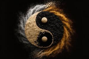 Golden and black yin yang symbol with floating powder on black background. abstraction, Buddhism, Hinduism, symbol, religion, balance concept. photo