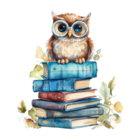 Watercolor books wuth owl. Illustration png