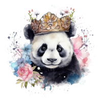 Watercolor panda with flower crown. Illustration png