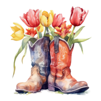 Watercolor cowboy boots with flowers. Illustration png