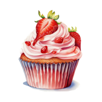 Watercolor strawberry cupcake. Illustration png