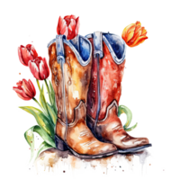 Watercolor cowboy boots with flowers. Illustration png