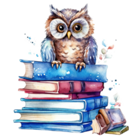 Watercolor books wuth owl. Illustration png