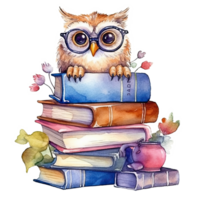 Watercolor books wuth owl. Illustration png